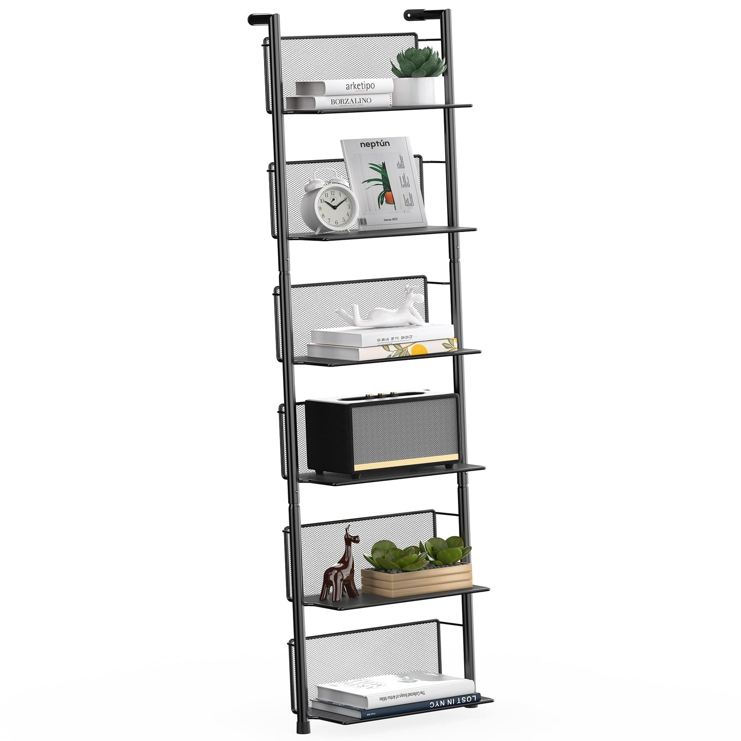 Docnest 6 Tier Ladder Shelf Wall Mounted, 47.6 Inch Metal Bookshelf Organizer, Modern Floating Shelves for Plants Books Home Decor, Black