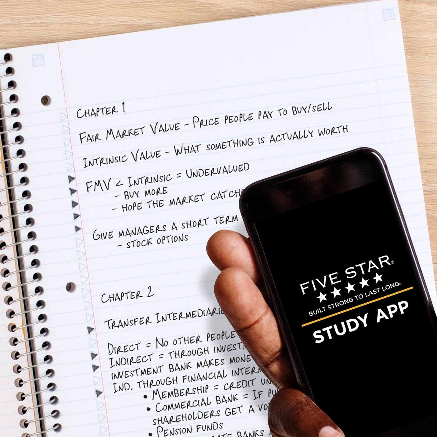 Five Star Spiral Notebook + Study App, 5 Subject, College Ruled Paper, 8-1/2" x 11", 200 Sheets, Fights Ink Bleed, Water Resistant Cover, Black (72081)
