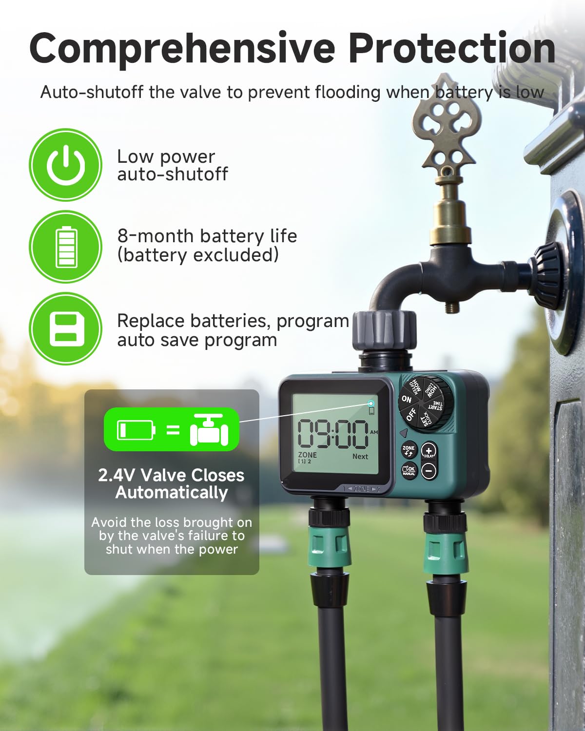 Sprinkler Timer 2 Zone & Digital Water Timer for Garden Hose, Yard, Lawn, Pool – Programmable Irrigation Controller with Rain Delay, IP66 Waterproof Auto & Manual Irrigation System