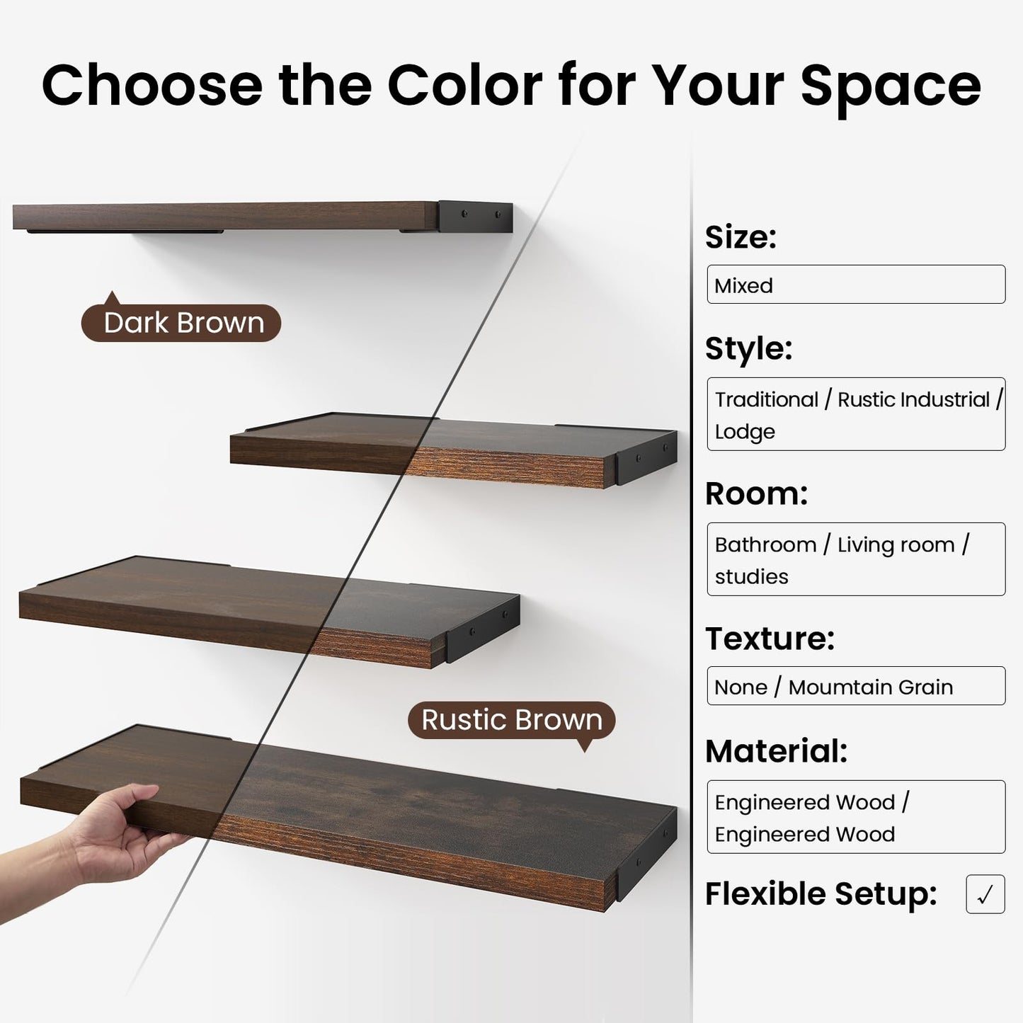 BAYKA Wall Shelves for Bedroom Decor, Floating Shelves for Wall, Display Mounted Rustic Wood Shelf for Books,Plants,Corner Shelves for Bathroom,Kitchen,Living Room(Rustic Brown,Set of 3)