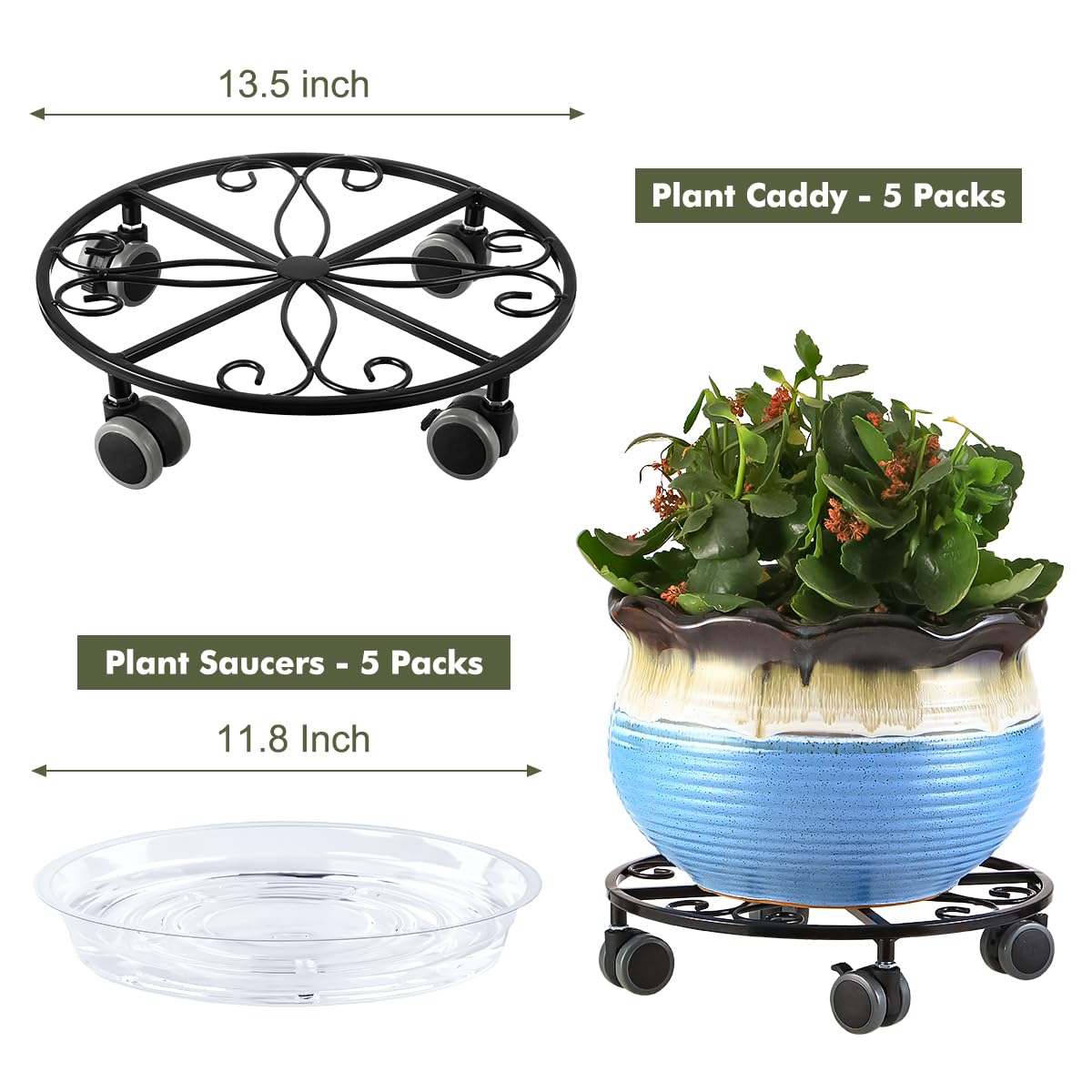 5 Pack Plant Caddy with Wheels Heavy Duty 13.5 Inches Metal Plant Stand with Wheels Plant Dolly Rolling Plant Stand Plant Roller with Casters for Indoor and Outdoor, Black