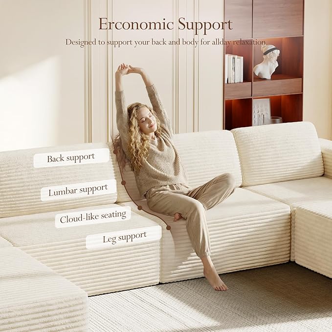 Vesgantti 159" Large Modular Sectional Sofa, U-Shaped Corduroy Cloud Couch