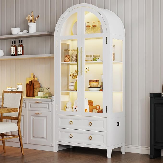 Arched Curio Cabinet with Glass Doors, 4-Tier Display Cabinet with 2 Drawers