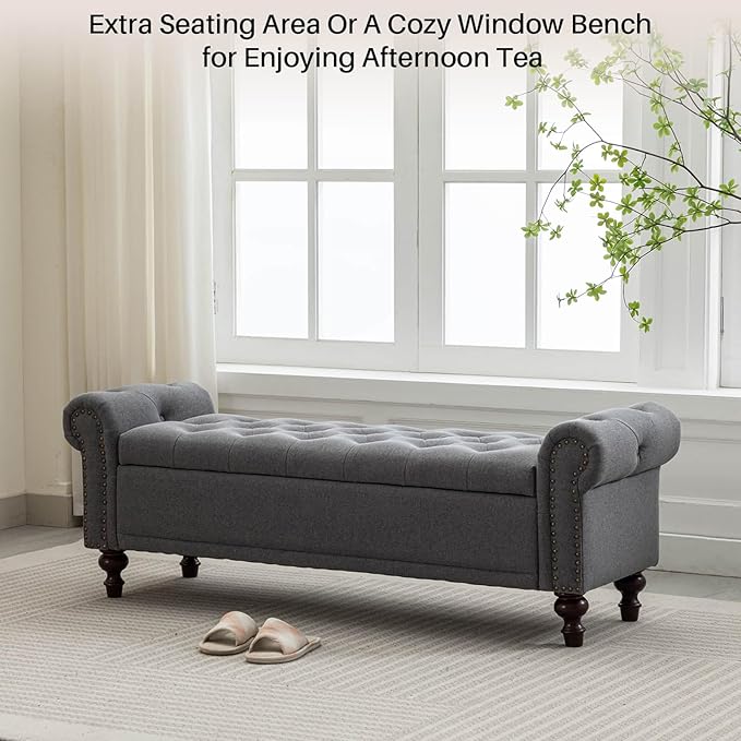 SOFTHION 58.1" Storage Bench Upholstered Linen End of Bedroom Bed Bench Ottoman