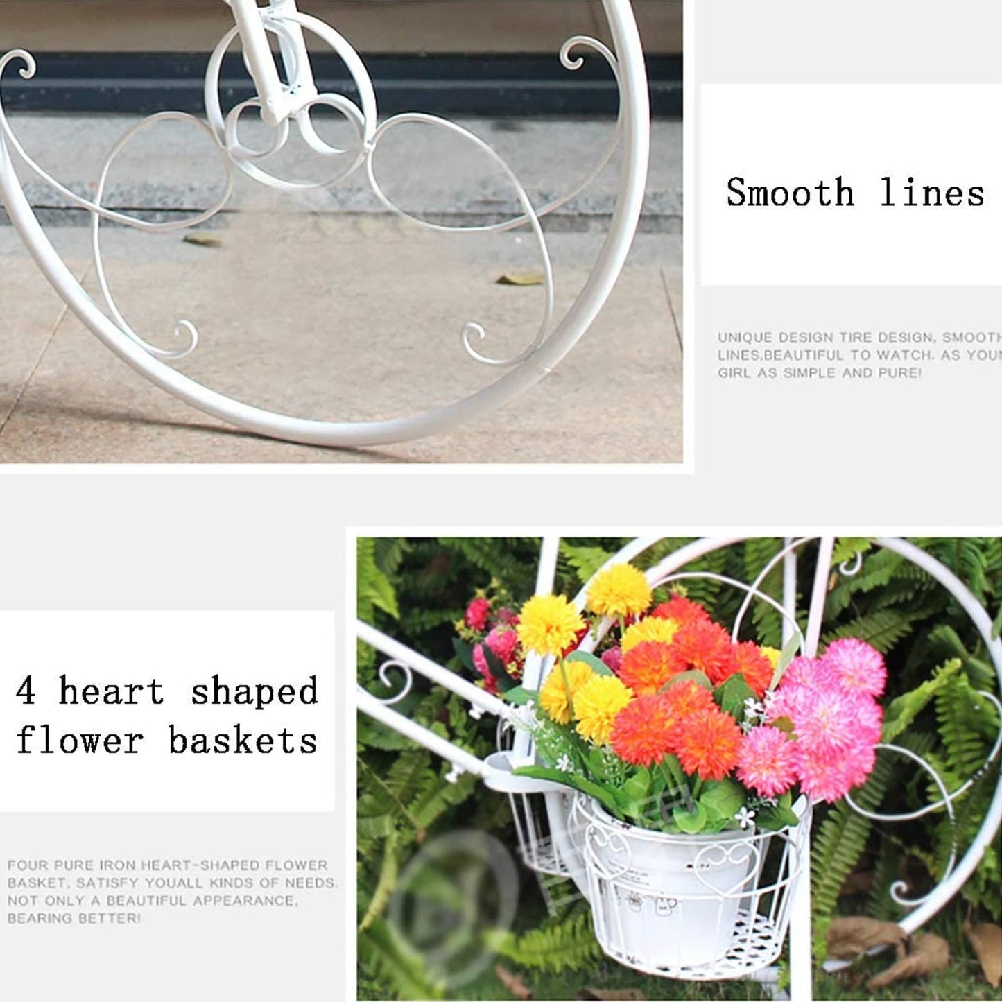 Bicycle Plant Stand Flower Pot Holder with 4 Baskets for Outdoor Garden Patio Wrought Iron Planter Display Rack for Home Deck Green