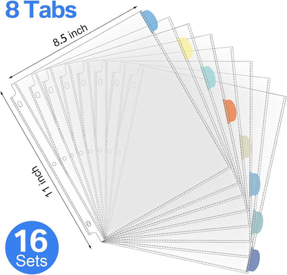 ReliThick 32 Set of 256 Pack Clear Binder Sheet Protectors with Tabs for 3 Ring Binder 8 Tab Binder Dividers with Pockets and Tabs Plastic Page Protector Insertable Index Divider, 8.5 x 11 Inch