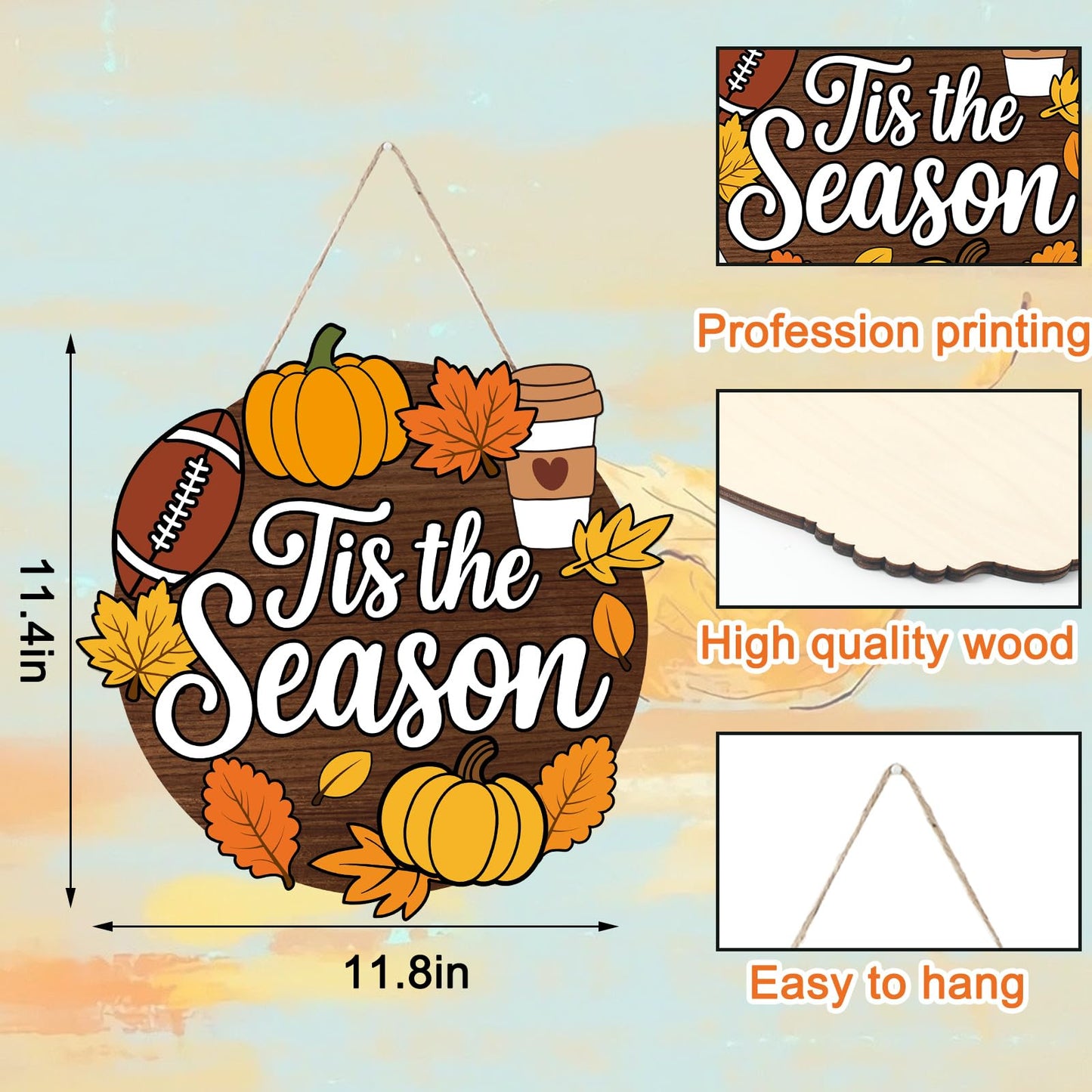 Whaline Fall Football Door Sign Tis the Season Hanging Decor Pumpkin Maple Football Wood Door Hanger with Rope for Autumn Thanksgiving Wall Porch Decorations
