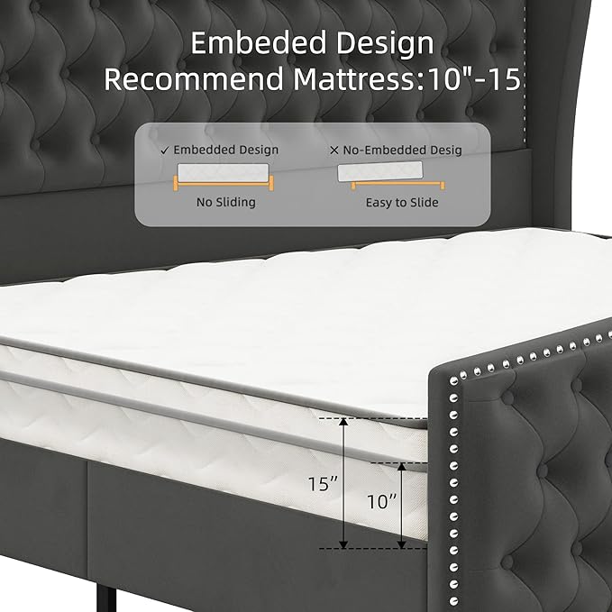BRELTAM Upholstered King Size Bed Frame Velvet Tufted Bed Frame