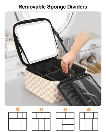 Relavel Travel Makeup Bag With LED Mirror, Cosmetic Train Case with Light up Mirror, Portable Makeup Artist Organizer Bag with Adjustable Dividers, Makeup Brush Holder Storage, Black