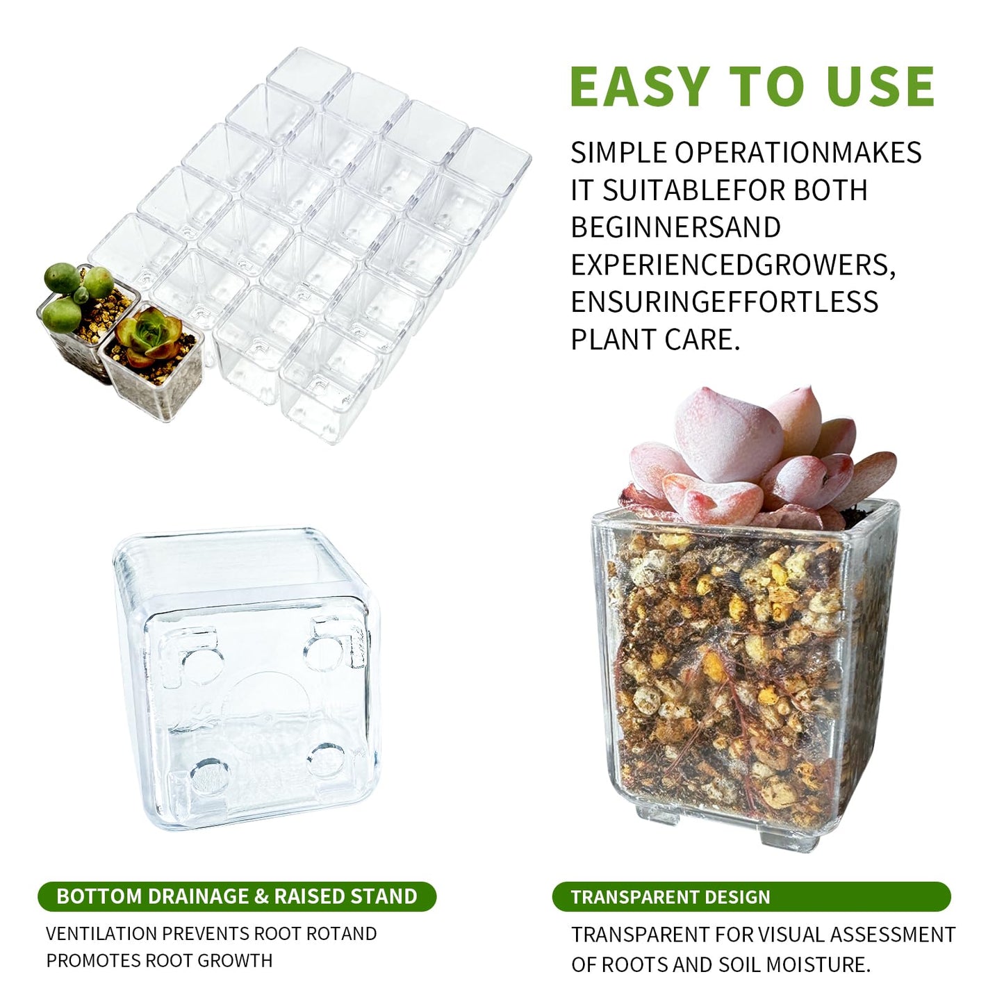 QCSMBFL 24pcs Super Tiny Mini Clear Plastic Planter, 1.1" Small Succulent Nursery Pots with Drainage Hole & Storage Box with Lid (Lid for Storage Only)，Micro Plants Pots for Root Viewing, Home Decor