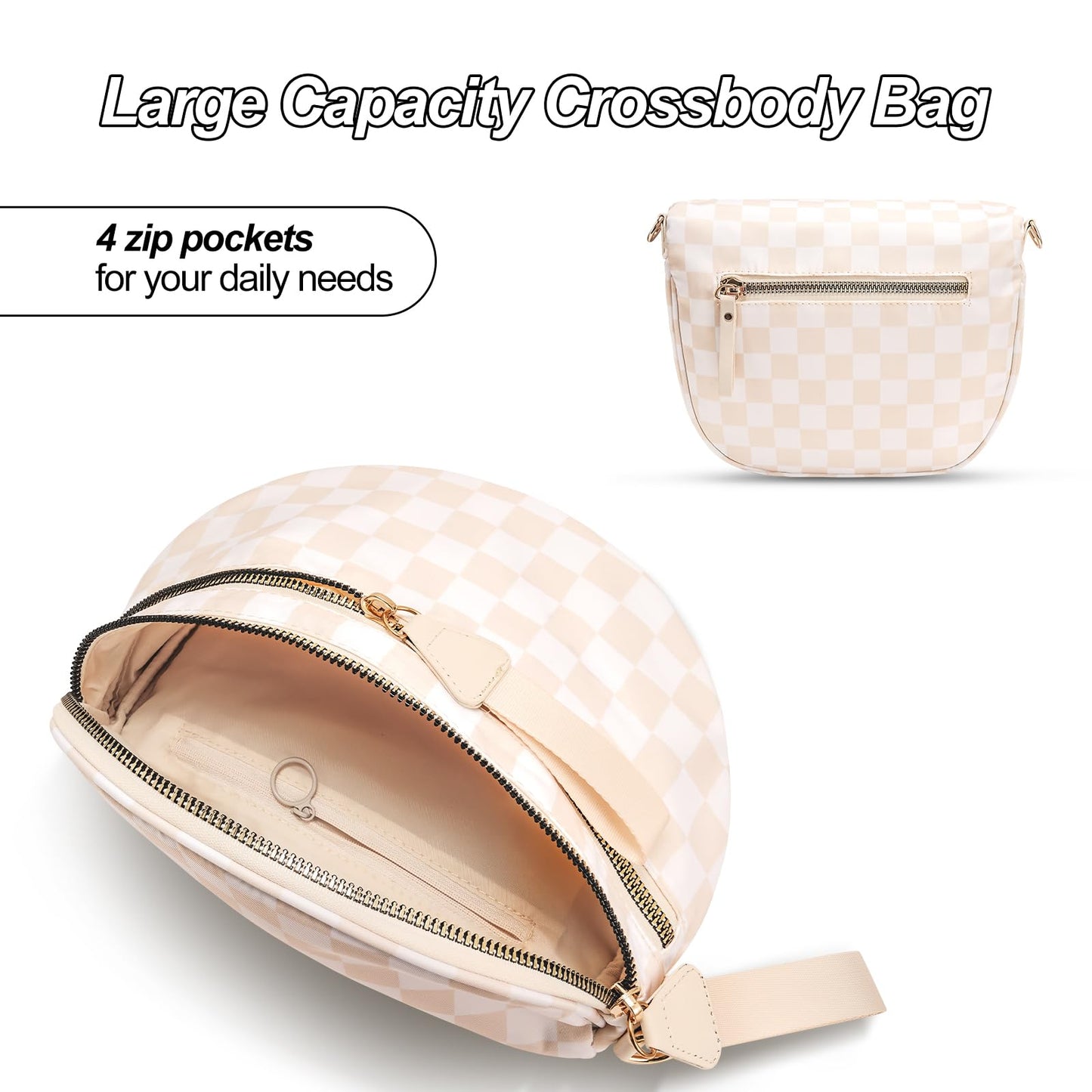 Checkered Crossbody Bag,Nylon Bum Bags for Women Crossbody,Spacious Sling Bag Purse Fanny Packs with Shoulder Strap