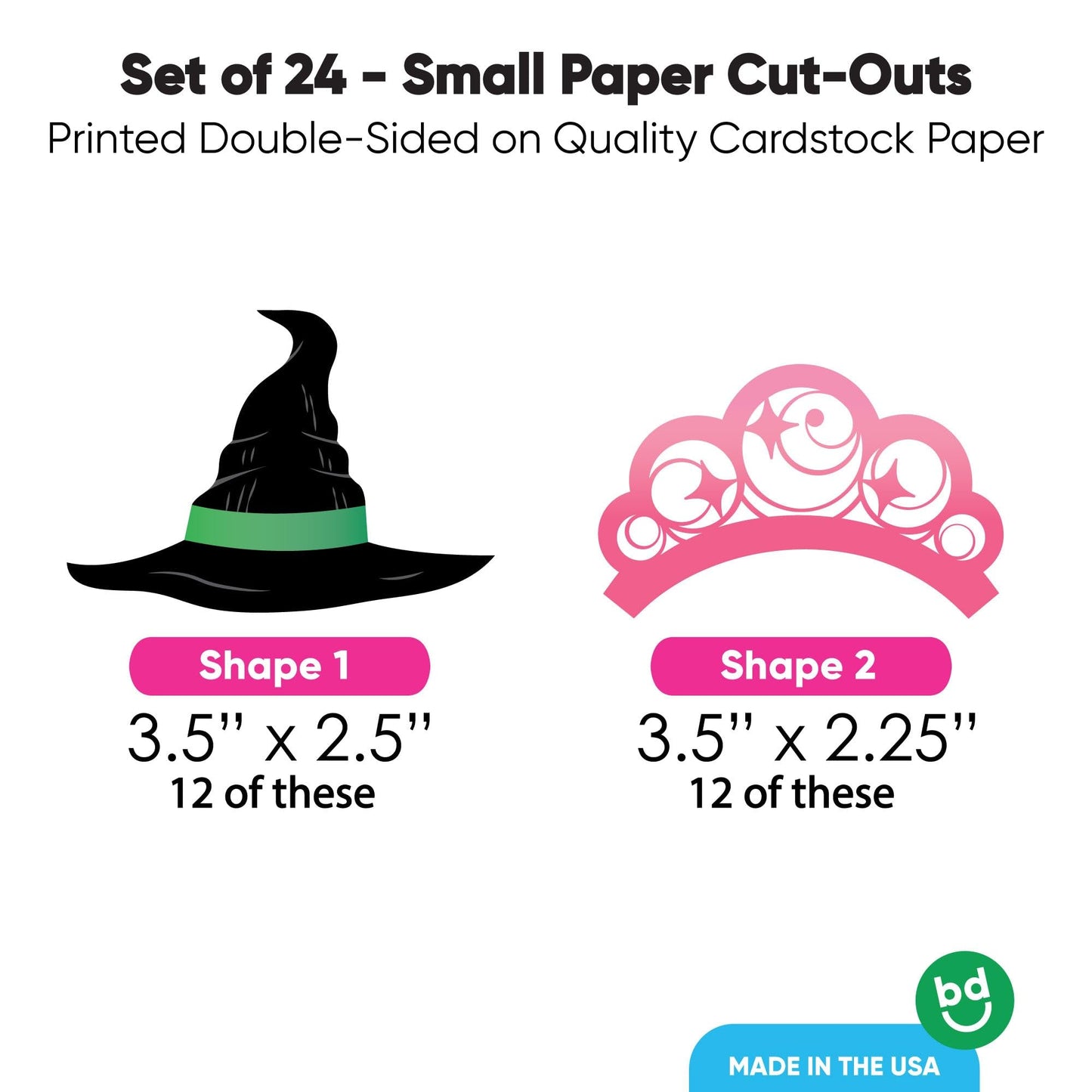 Big Dot of Happiness Witch Small Paper Cutouts, DIY Good Pink and Green Birthday or Witch Halloween Party Decor Craft for Girls, Green Witch Hat & Pink Crown Shaped Cut-Outs - 24 Ct