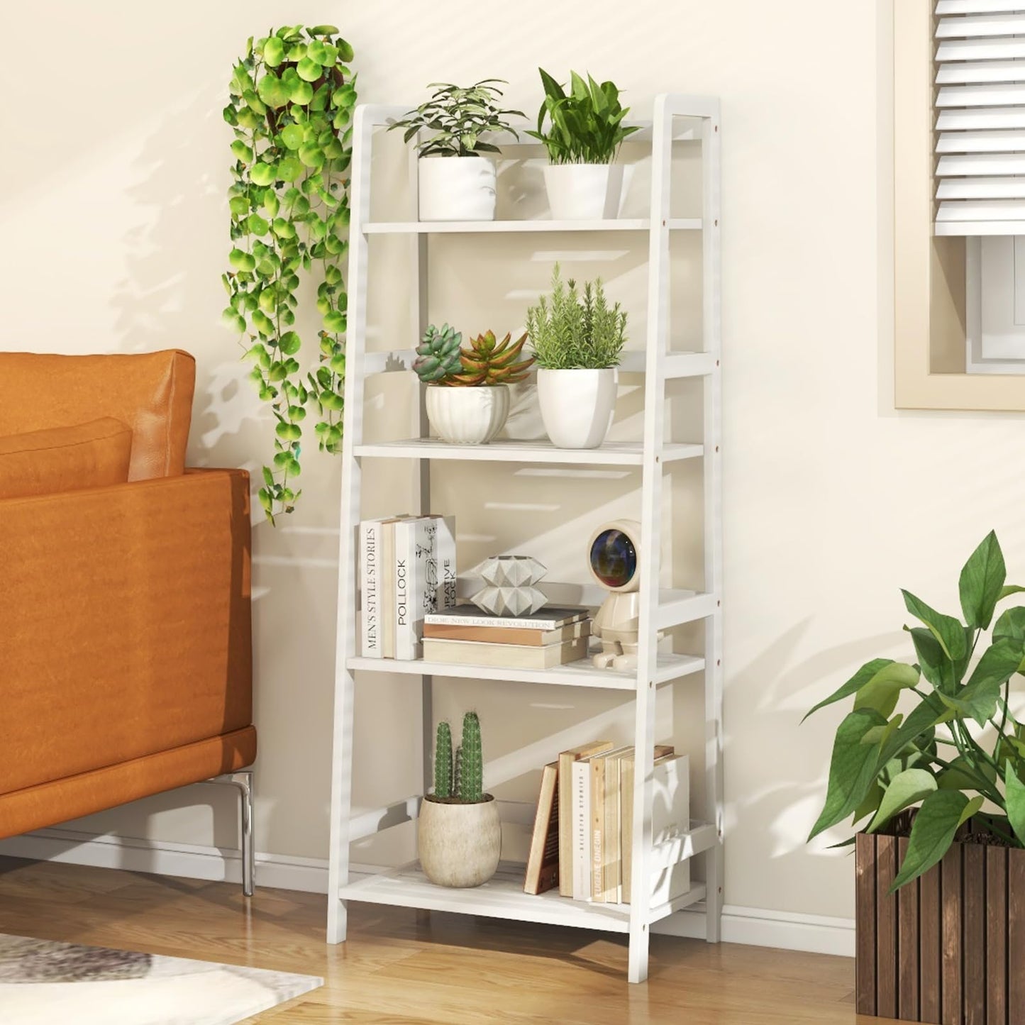 Giantex 4-Tier White Ladder Shelf, Bamboo Open Bookcase Book Shelf with Storage, 47.5" Freestanding Display Shelving Unit Plant Stand Rack Organizer, Shelves for Bedroom, Living Room, Home Office