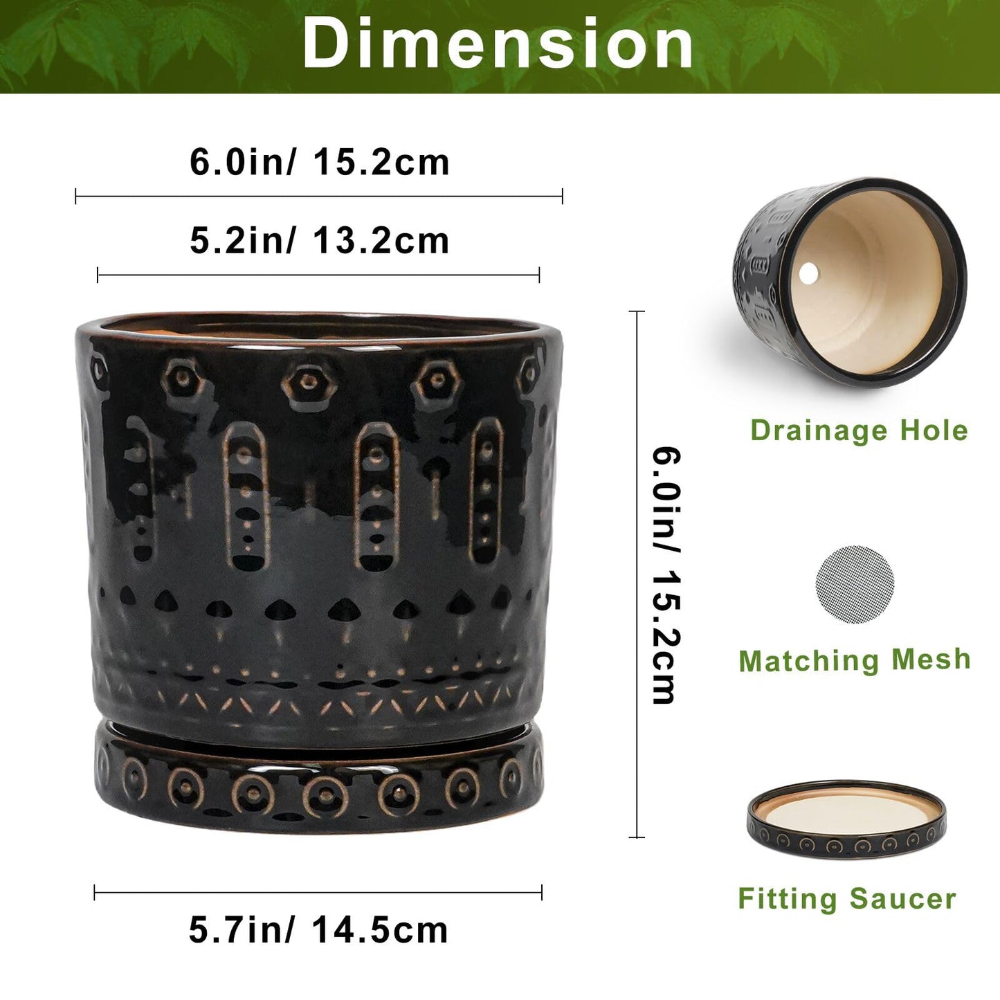 Eightpot Ceramic Plant Pots - 6 Inch Ceramic Planter for Indoor Outdoor, Round Flower Pots with Drainage Hole and Plant Saucer, Boho Decorative Small Planter, House Decor, Gifts for Gardeners, Black