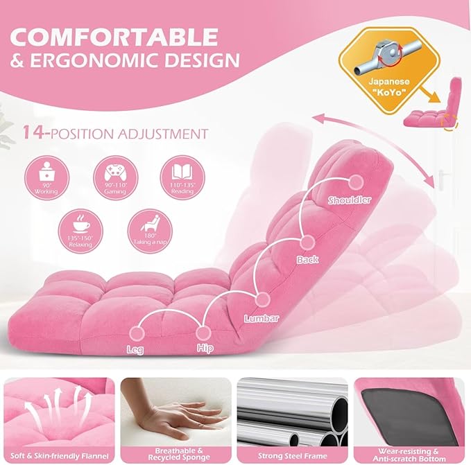Folding Floor Gaming Chair 14-Poistion Cushioned Adjustable Floor Lazy Sofa