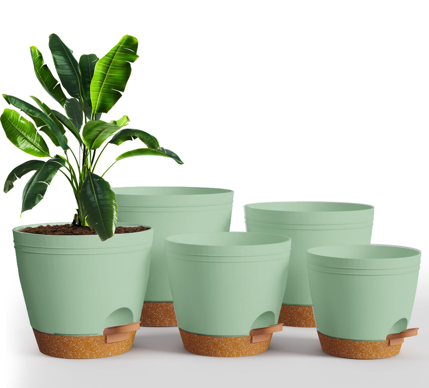 Utopia Home Self Watering Pots for Indoor Plants, Planters for Indoor Plants, Multi-Size Flowerpot, Set of 5 Plant Pots with Drainage & Reservoir, 6.8"/6.4"/5.9"/5.5"/4.9" (Olive Green)