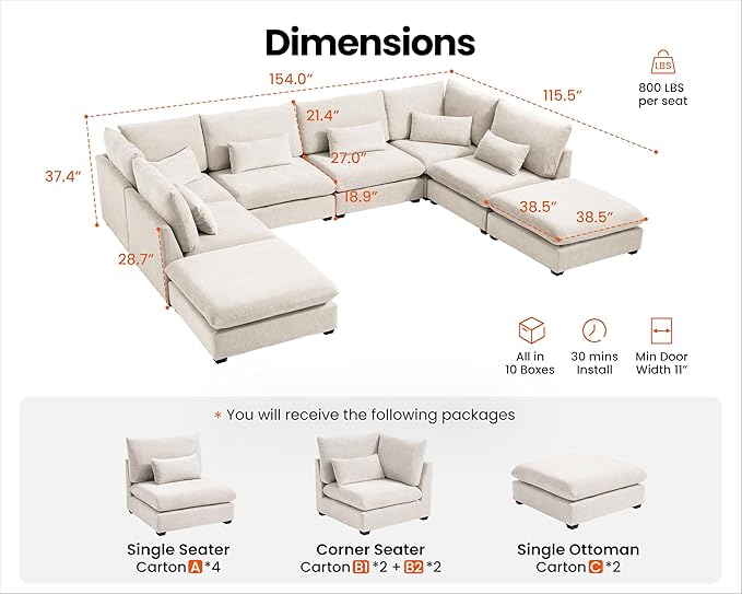 154" Oversized Chenille Couch Modular Sectional Sofa, Washable Cloud Couch