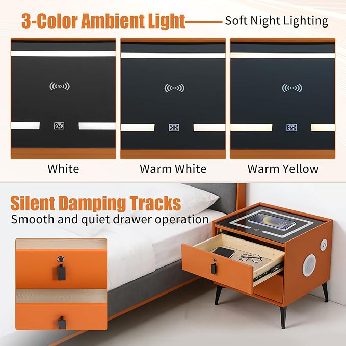 Smart Nightstand with Charging Station, Adjustable LED, USB Ports, Fingerprint