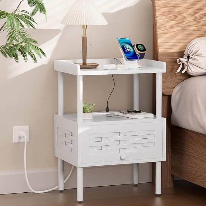 Amazer White Nightstand with Charging Station, Bamboo Night Stand