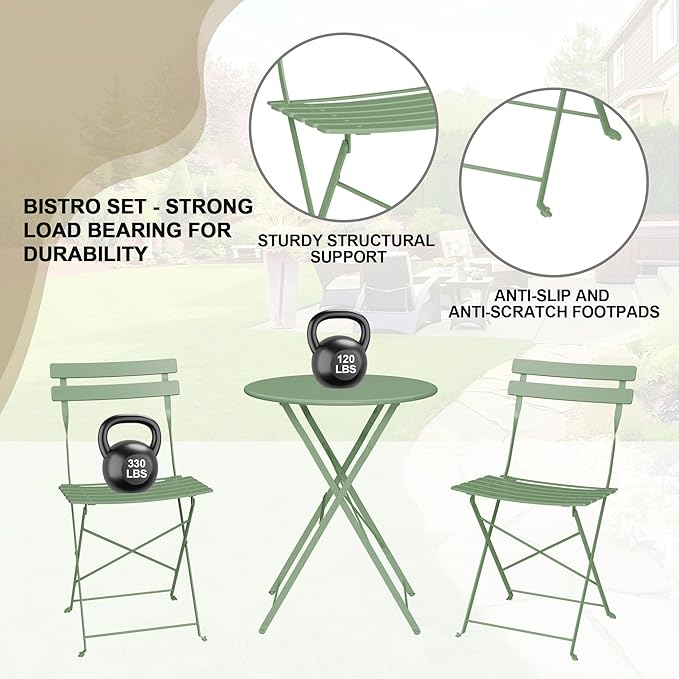 Bistro Table and Chairs Set of 2, 3 Piece Outdoor/Indoor Folding Patio Bistro