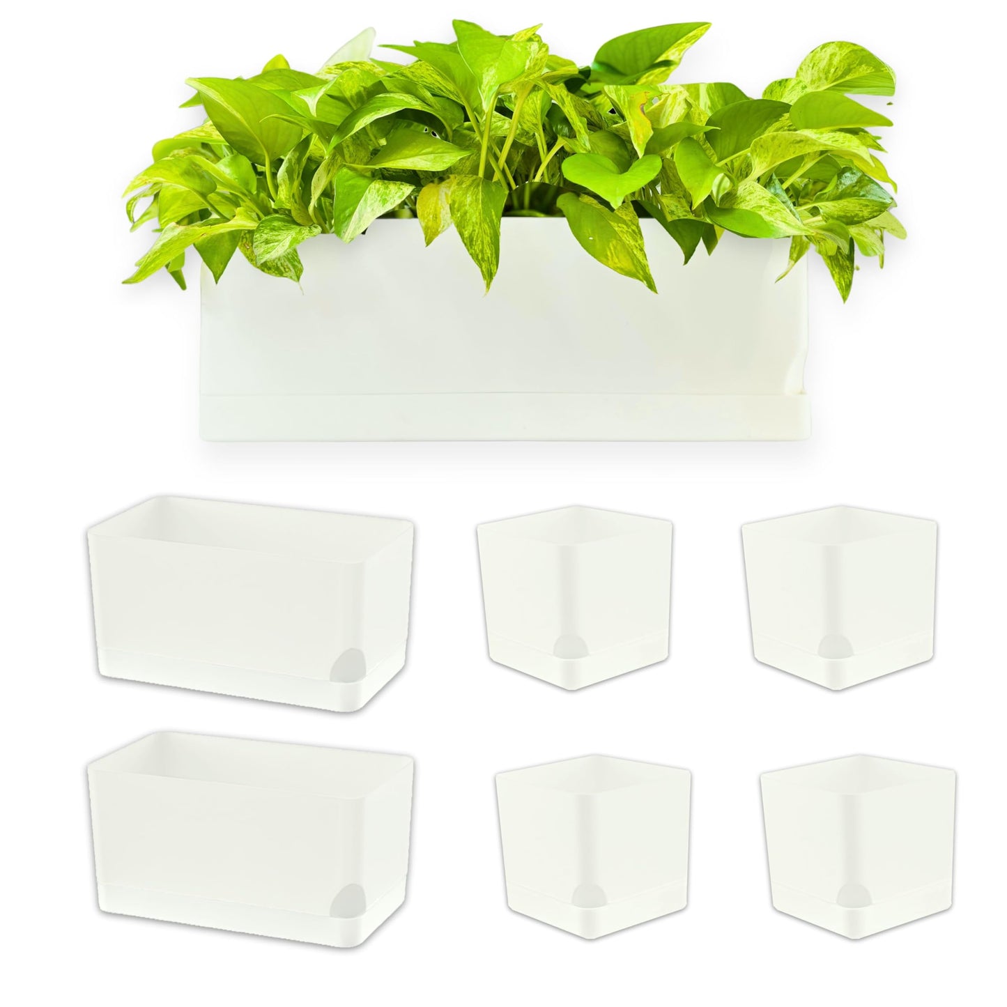 LaLaGreen Planters for Indoor Plants (7 Pack) White Rectangular Self-Watering Window Boxes Planter, Plastic Flower Box Pots Herb Small Long Windowsill Plant with Drainage Patio Garden Home Decor Porch