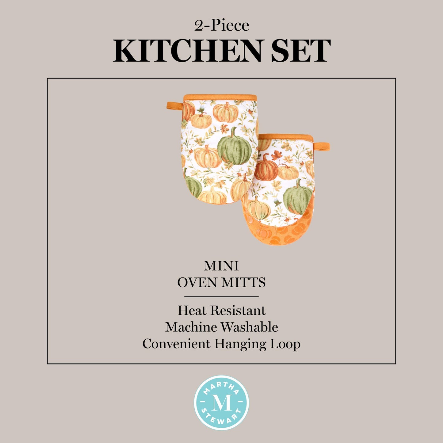 MARTHA STEWART Autumn Harvest Pumpkins Mini Oven Mitt 2-Pack Set, 100% Cotton with Decorative Non-Slip Silicone Grip, Heat Resistant, Orange/Green/Ivory, 5.5"X8"