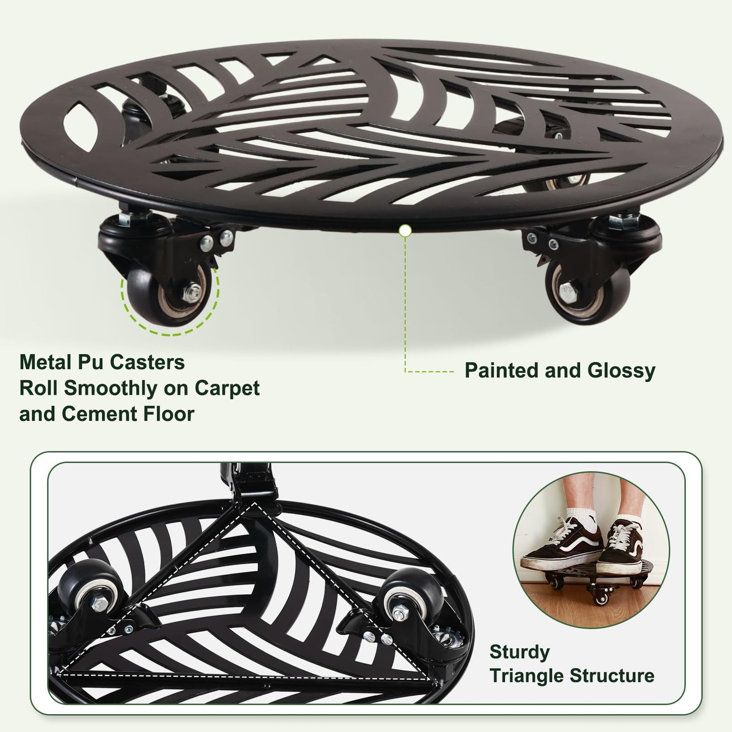 3 Packs Metal Plant Caddy with 3 Metal PU Wheels 12 Inches Heavy-duty Wrought Iron Rolling Plant Stands with Casters Indoor and Outdoor Plant Pot Roller Base Plant Dolly Coaster Movers Black