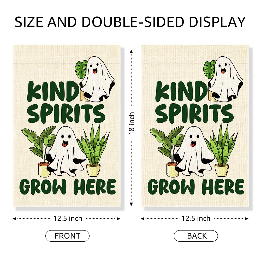 Gkodw Kind Spirits Grow Here Garden Flag, Cute Ghost Halloween Yard Sign for Outside, Funny Spirit Halloween Fall Outdoor Lawn Decor, Kindness Plant Lover Spooky Plant Mom Housewarming Gifts