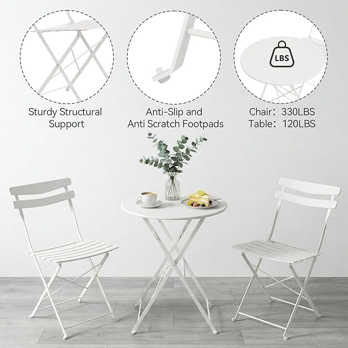 GarveeLife 3 Piece Patio Bistro Set, Folding Patio Bistro Table and Chairs Set