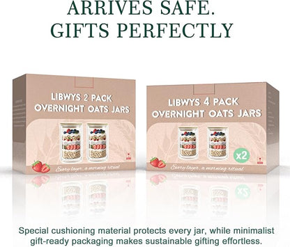 LIBWYS 4 Pack Overnight Oats Containers with Bamboo & Stainless Steel Lids, 15oz Meal Prep Jars - Double Walled High Borosilicate Glass jars for Overnight Oats, Chia Pudding， Salad