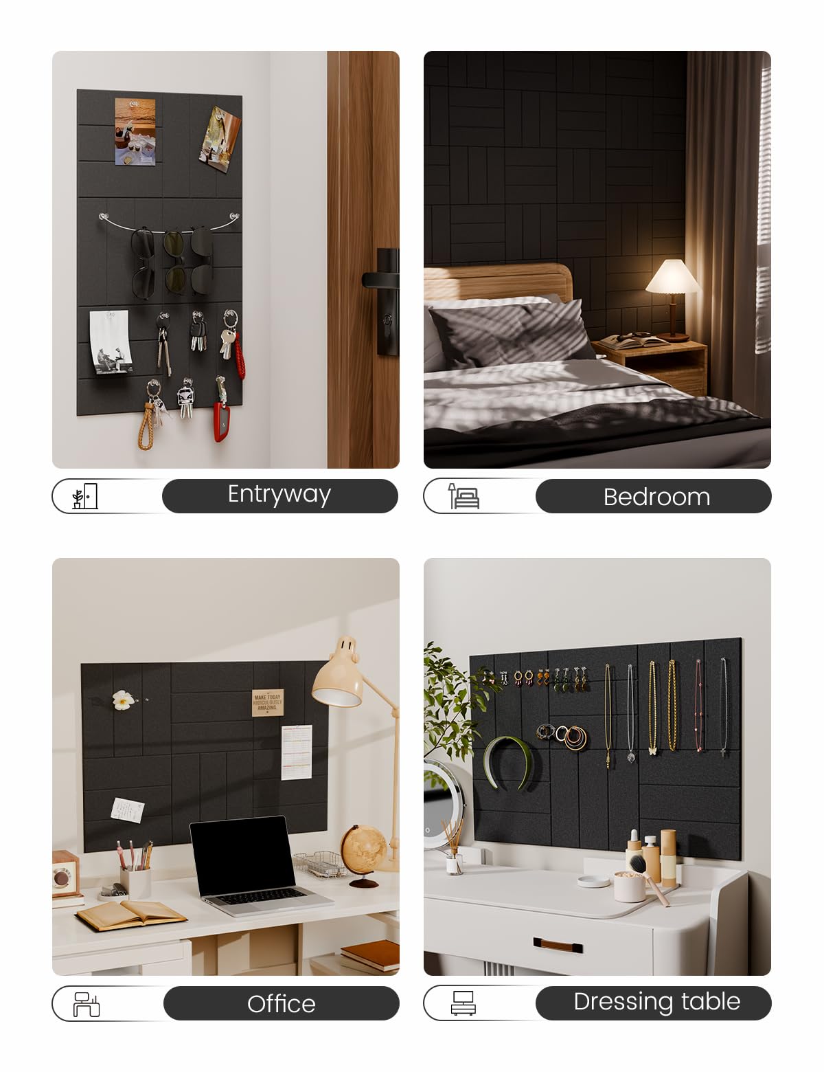 Felt Bulletin Board Tiles -28"x18" with 40 Adhesive Tabs, Cork Board Alternative for Office Decor, Push Pin Board Wall Organizer 6-Pack(Black)