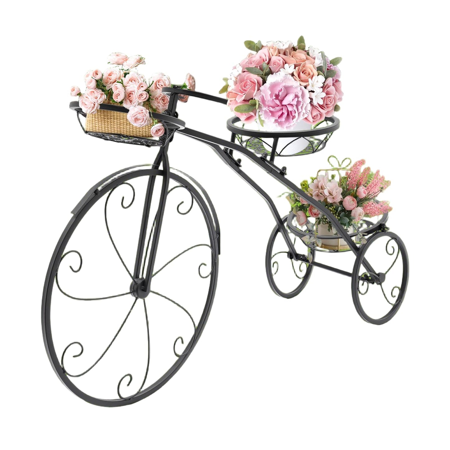 CheriMuMu Bicycle Planter Stand, Metal Flower Pot Cart Holder, Tricycle Plant Stand with 3 Collection Baskets for Outdoor, Indoor, Home, Balcony, Patio, Garden, Backyard, Capacity 22.05lbs
