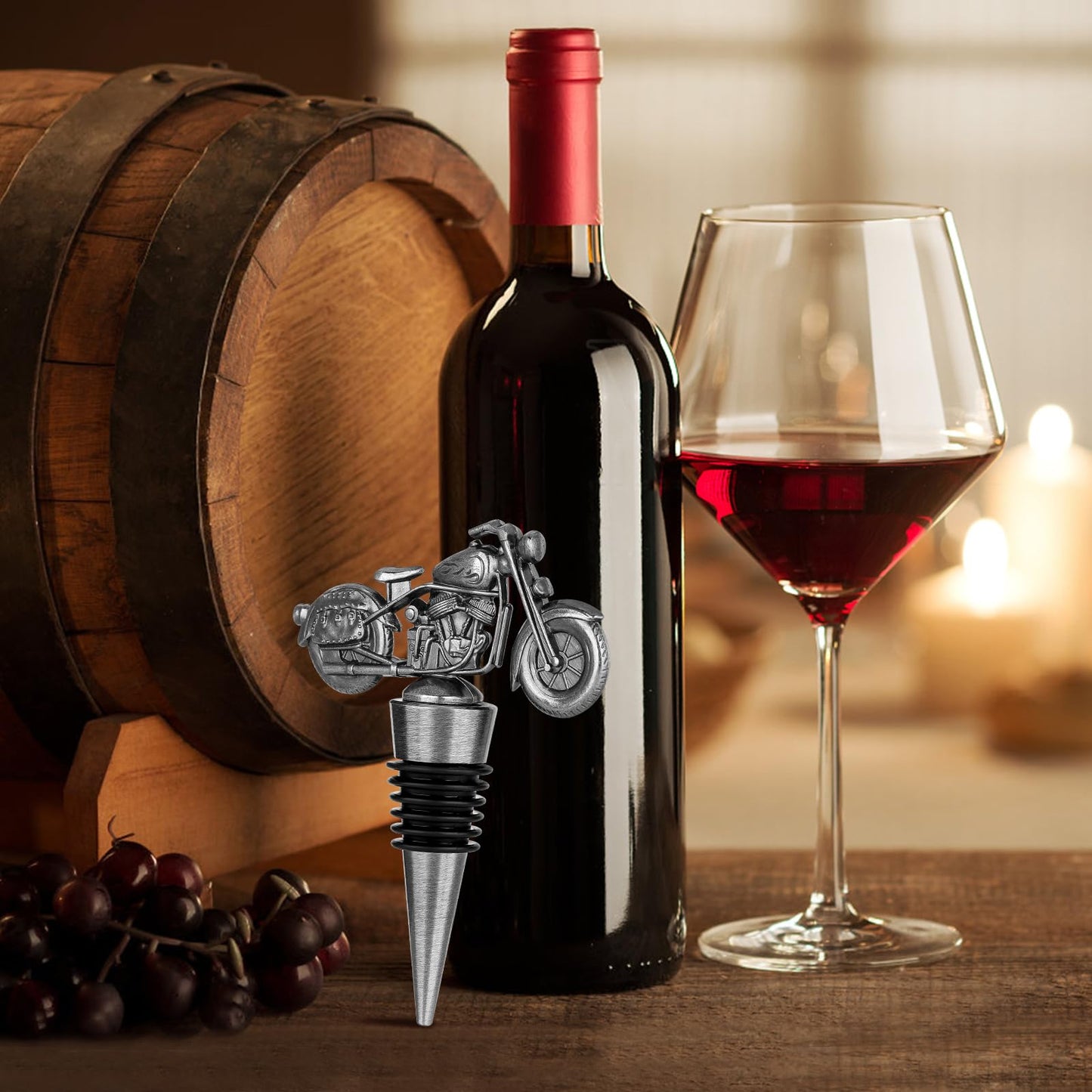 LKKCHER Motorcycle Wine Stopper, Motorbike Wine Gifts Father Day Gifts Christmas Gifts Birthday Gifts for Men Bikers, Bottle Stoppers for Wine Champagne, Dark Silver with Gift Box