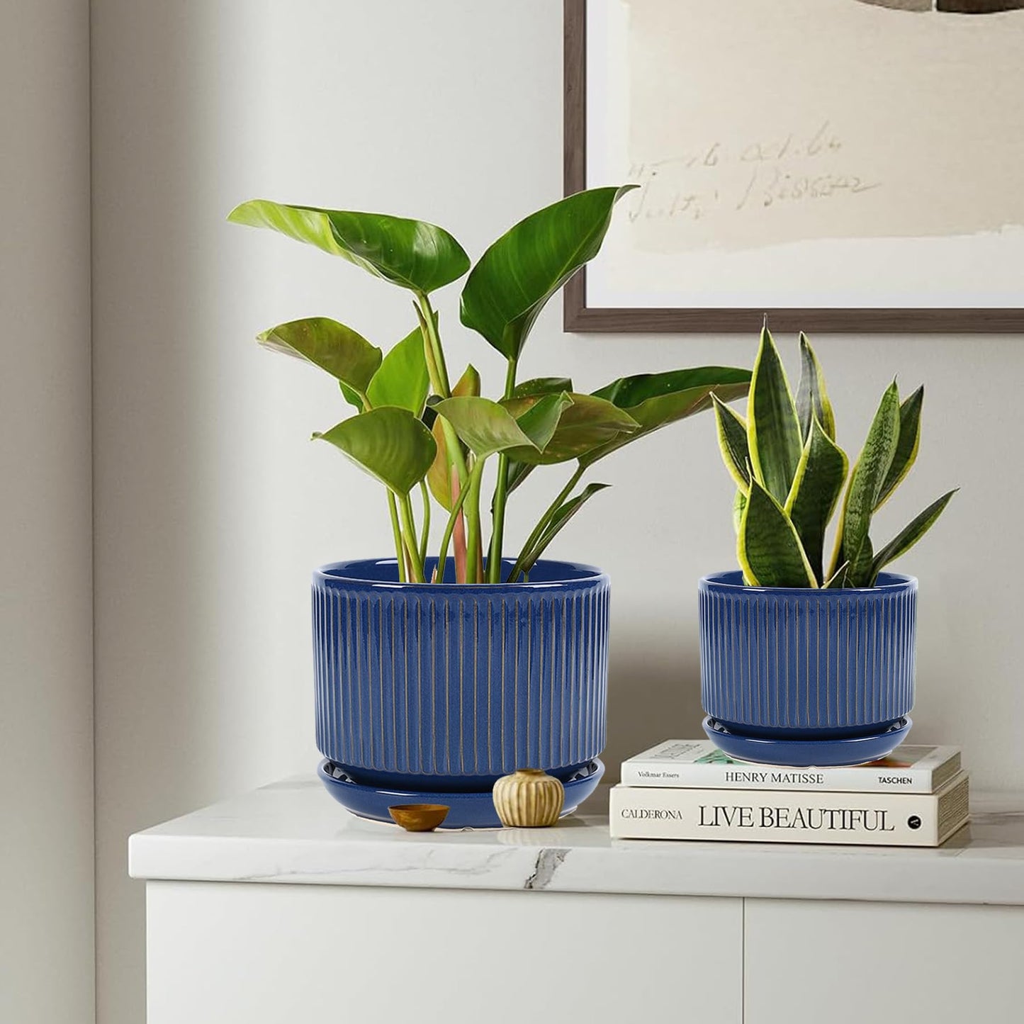 TANEW Ceramic Plant Pots with Drainage Hole and Saucer, Set of 3, 4.3+5.5+6.7 Inch Stripe Garden Planter Pots for Outdoor Indoor Succulent Orchid Plants Flower, Gifts for Mom, Reactive Glaze Blue