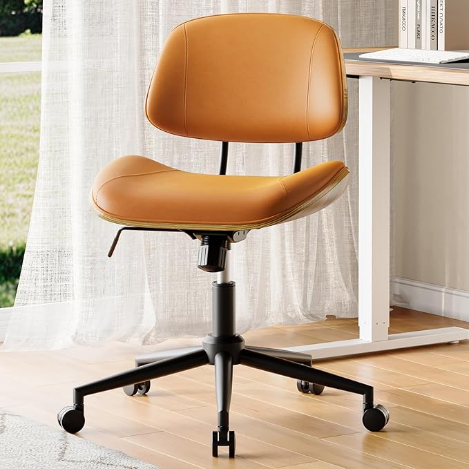 Armless Office Chair with Wheels, PU Leather Adjustable Height Desk Chair