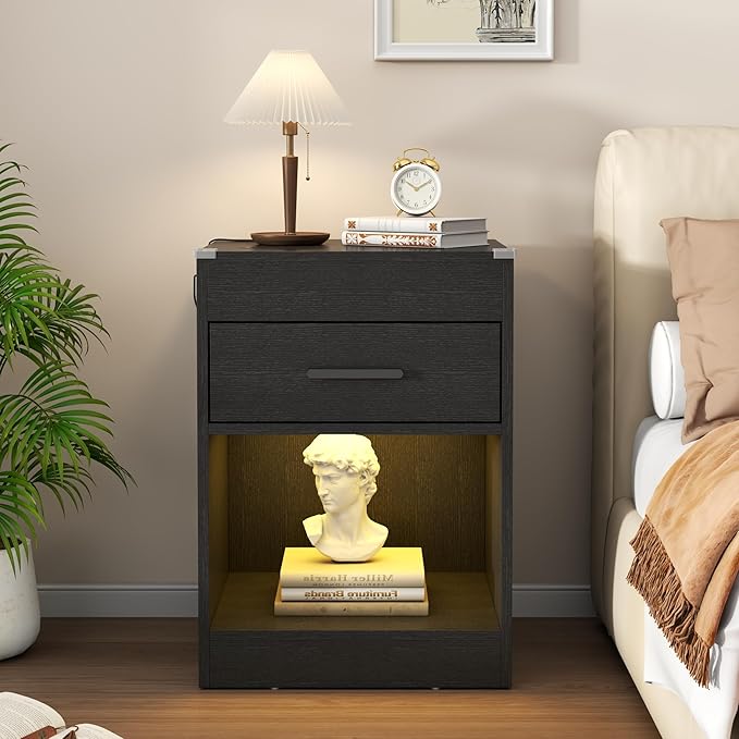 Gyfimoie Led Night Stand with Charging Station & RFID Lock Cabinet, Smart