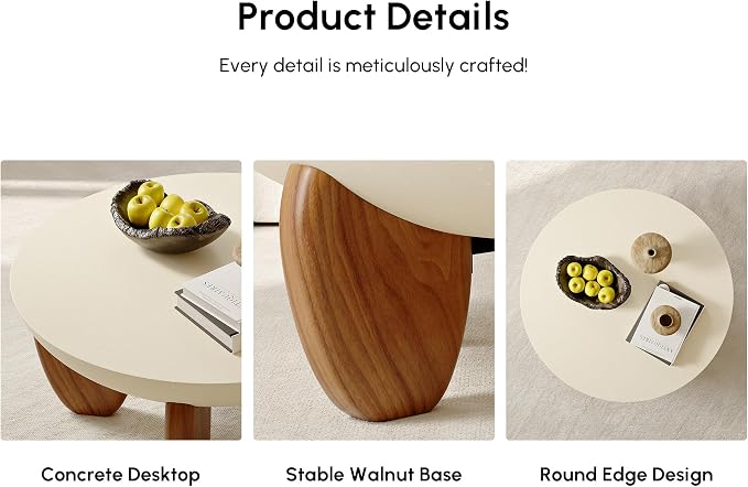 homary 30" Round Coffee Table, Modern Concrete Center Table with Walnut Ash Wood Legs, Minimalist Cement Finish for Living Room