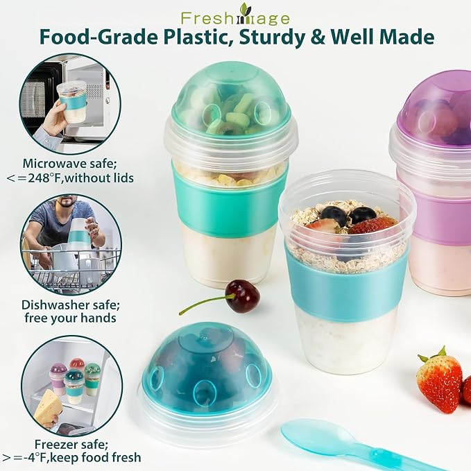 Freshmage Yogurt Parfait Cups with Lids, 2 Pack 20 oz Reusable Overnight Oats Containers with Lids, Topping Compartment & Spoon to Go for Breakfast Meal Prep, Portable & Lightweight (Blue&Green)