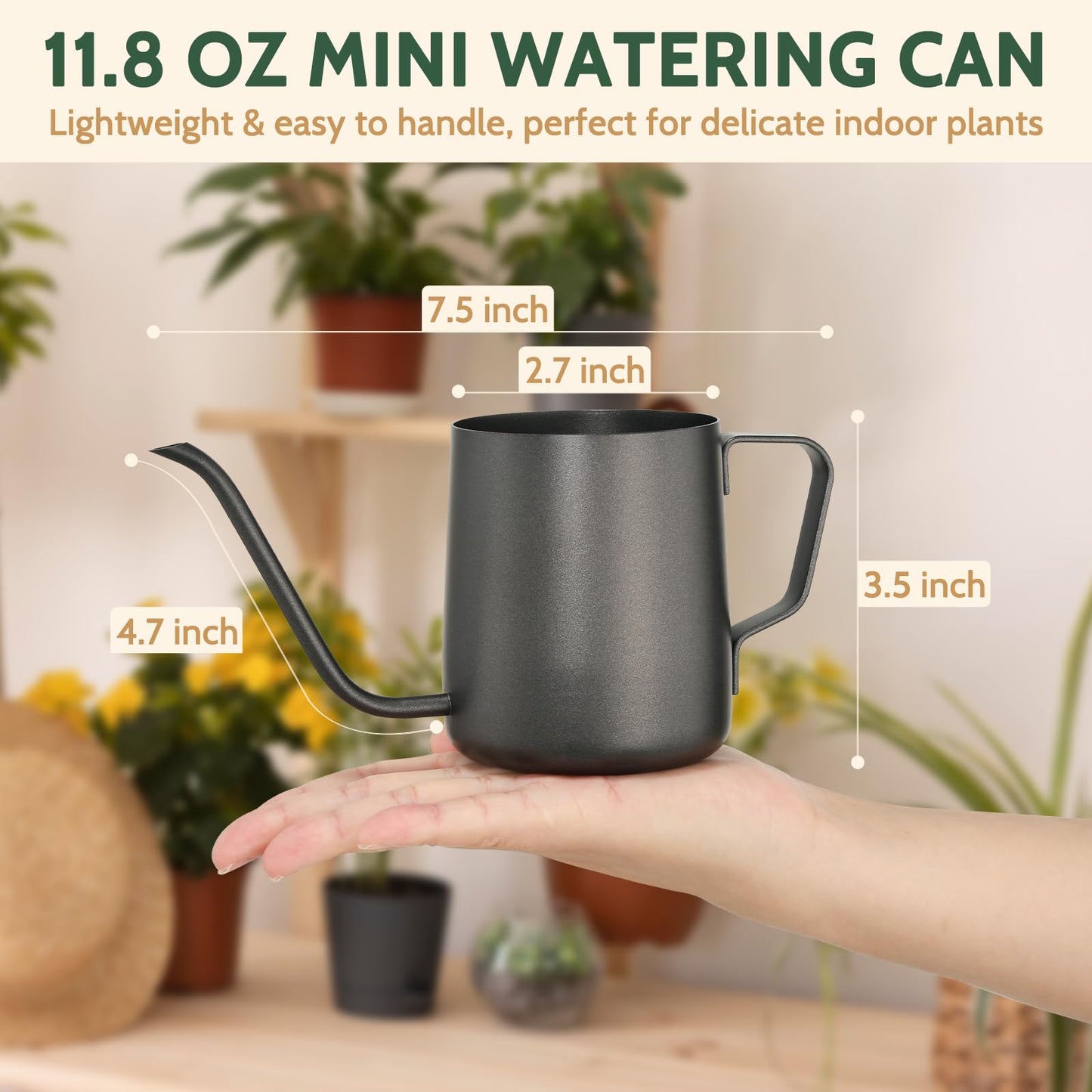 Small Watering Can Indoor Plants - 12 oz Mini Metal Watering Can with Long Spout Rust-Proof Stainless Steel Tiny Watering Pot for Small Indoor Plants Home & Office Black