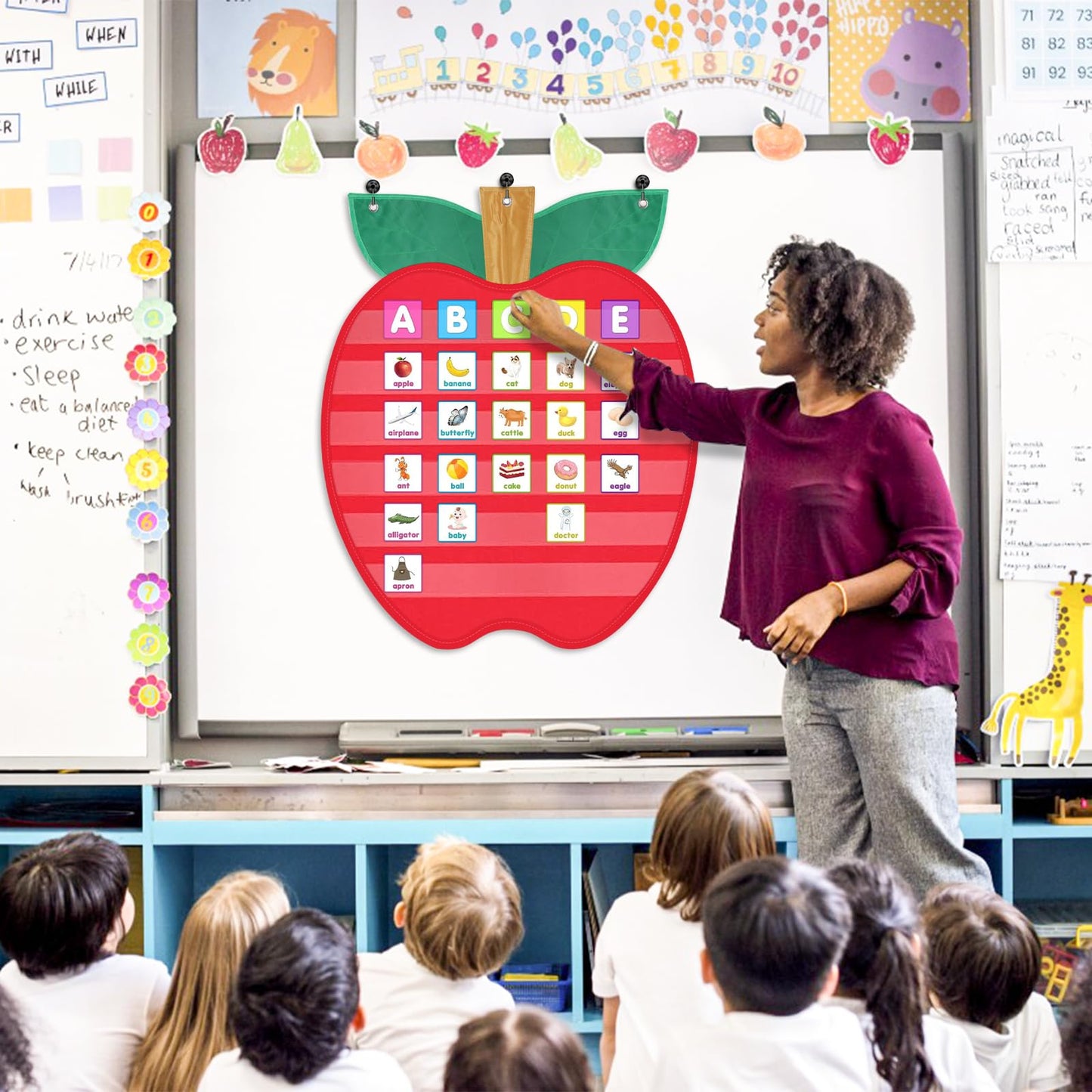 Large Pocket Chart for Classroom, 27 ½＂x 33 ⅞" Apple Shaped Hanging Pocket Charts for Kids, Back to School Supplies for Teacher, Pocket Charts with 6 Sentence Strips Holder (Red)