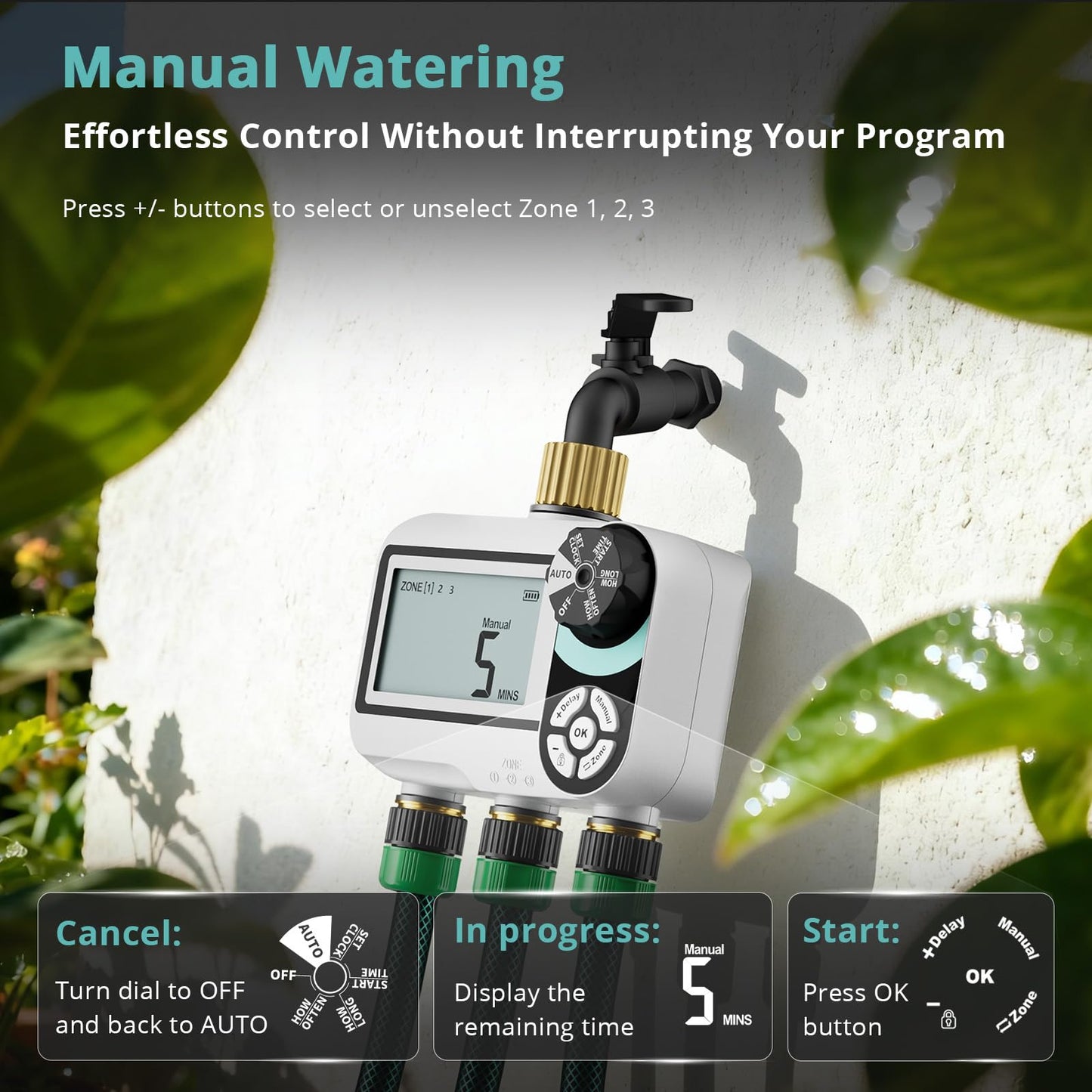 QUOBAS Brass Sprinkler Timer for Garden Hose, Programmable Water Timer for Hose Faucet with Child Lock, Rain Delay/Auto/Manual 3 Modes, Large Waterproof Screen, 3 Zone Independent Watering