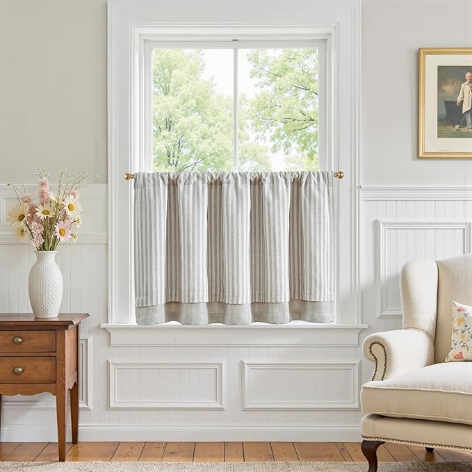 jinchan Double Layer Striped Linen Kitchen Tier Curtain Rustic Cafe for Living Room Bathroom Half Window Curtain Light Filtering Rod Pocket 1 Panel 24 Inch Taupe Grey