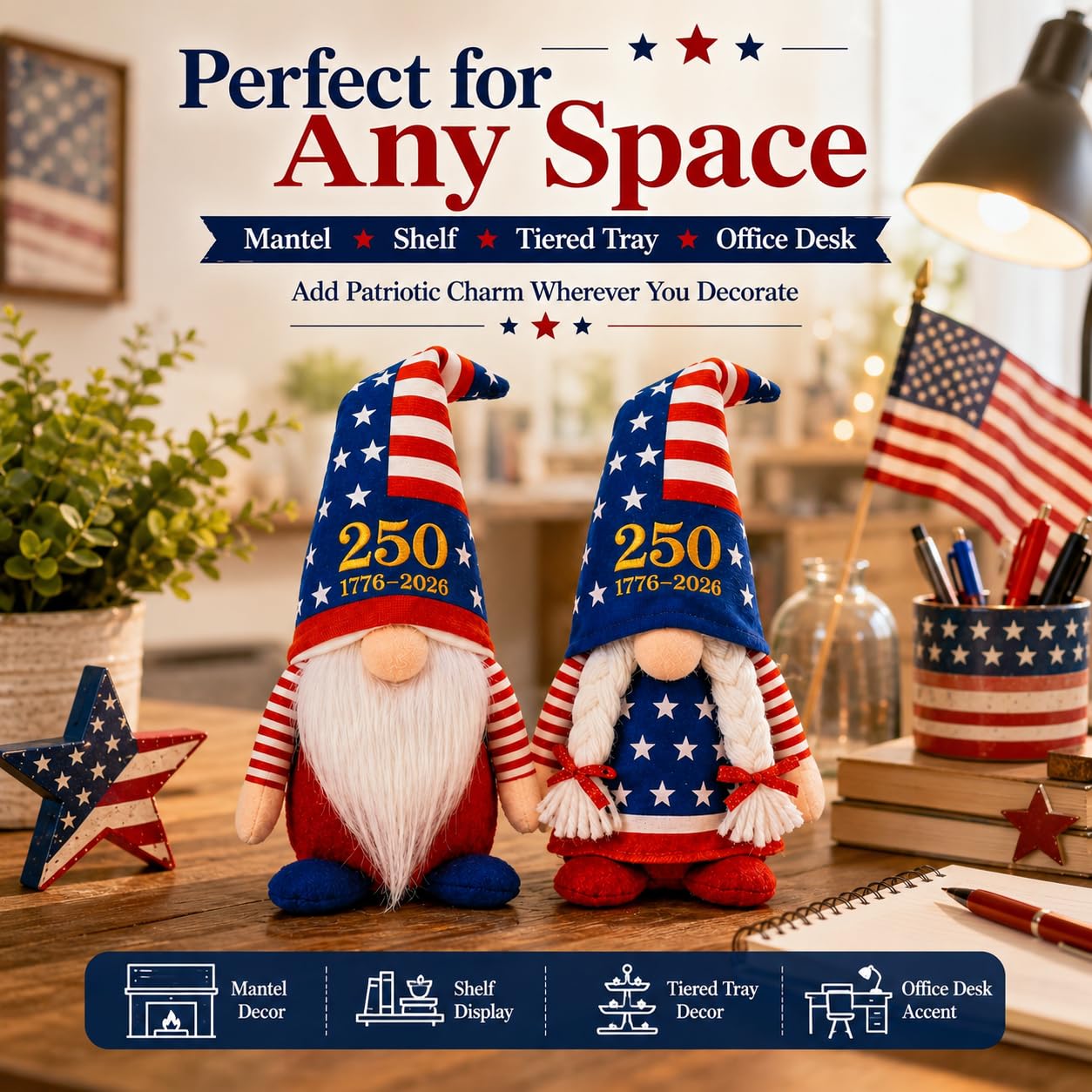 LEKSON 4th of July Decorations Patriotic Gnomes, 250 Anniversary USA Merchandise, Red White and Blue Independence Day Home Table Decor, 1776-2026 Indoor American Gnome Set of 2