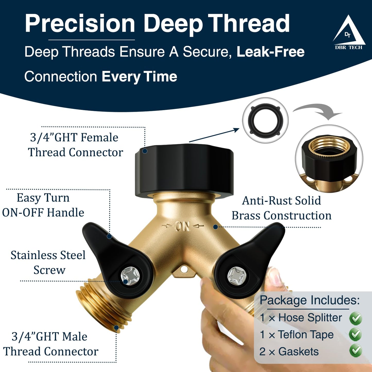 DBR Tech® Heavy Duty 2 Way Hose Splitter (Premium Brass for Superior Durability), Wye Garden Hoses Connector for Water Spigot Faucet Bib Tap, Double Shut Off Valve, Y Adapter, Rust-Resistant Finish