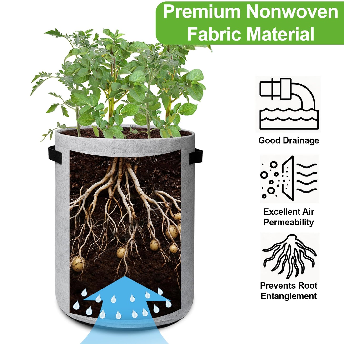 Homyhoo Potato Grow Bags with Flap 10 Gallon, 4 Pack Planter Pot with Handles and Harvest Window for Potato Tomato and Vegetables, Black and Gray