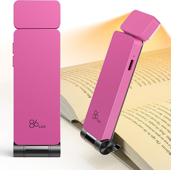 86lux Book Light, Rechargeable Reading Lights for Books in Bed, Ultralight Clip-on LED Bookmark Lamp with 3 Amber Colors & Stepless Dimming for Night Reading for Book Lovers, Kids, Hot Pink