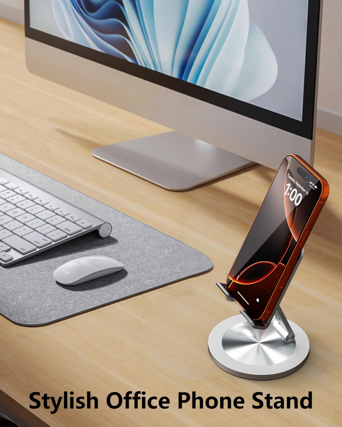 YCNEW Phone Stand for Desk, 360° Rotating Dual Adjustable Foldable Holder, Heavy Solid All-Aluminum Base Anti-Slip Stable Support for Home Office Study, Fits iPhone Galaxy 4-8" Phones (Silver)