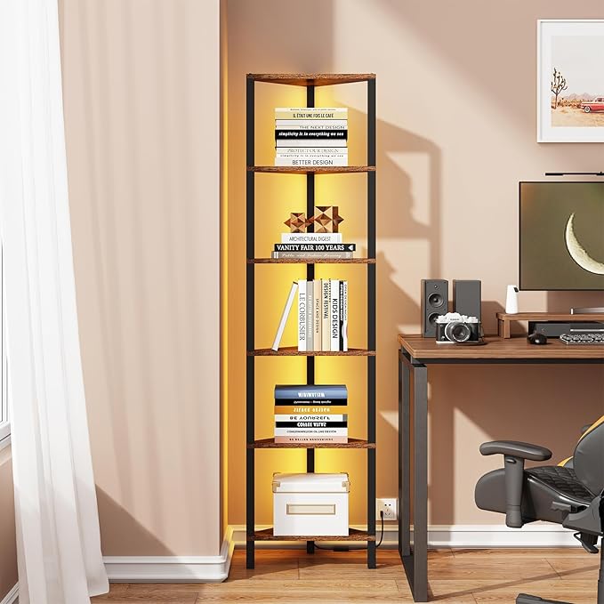 TUTOTAK Corner Shelf with LED Light, 6-Tier Corner Bookshelf
