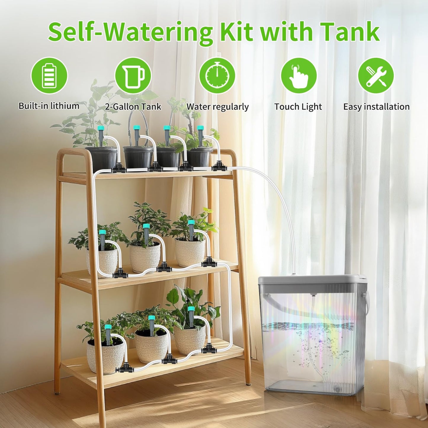 RUNWUSHENG Indoor Drip Irrigation System with 2-Gallon Water Tank, Touch Night Light & Programmable Timer-Self-Watering Kit for 10 Potted Plants