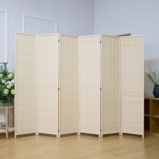 6 Panel Bamboo Room Divider Screen, 5.6 FT Tall Bamboo Divider Folding Privacy